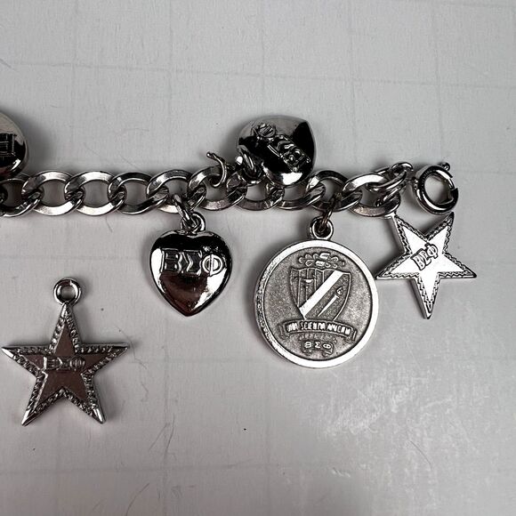 Vtg 1950s Beta Sigma Phi 7" Charm Bracelet Automade Sterling Silver 19 Charms - Picture 6 of 12